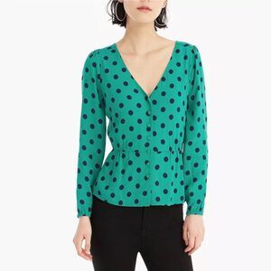 J. Crew Crepe Peplum Green Polka Dot Blouse size 0